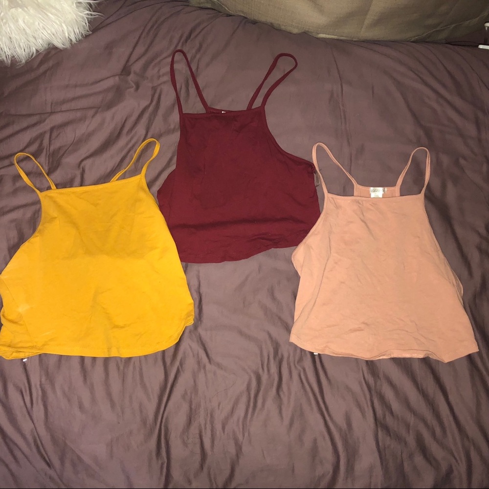 3 cropped halter tops (yellow, burgundy and pink)